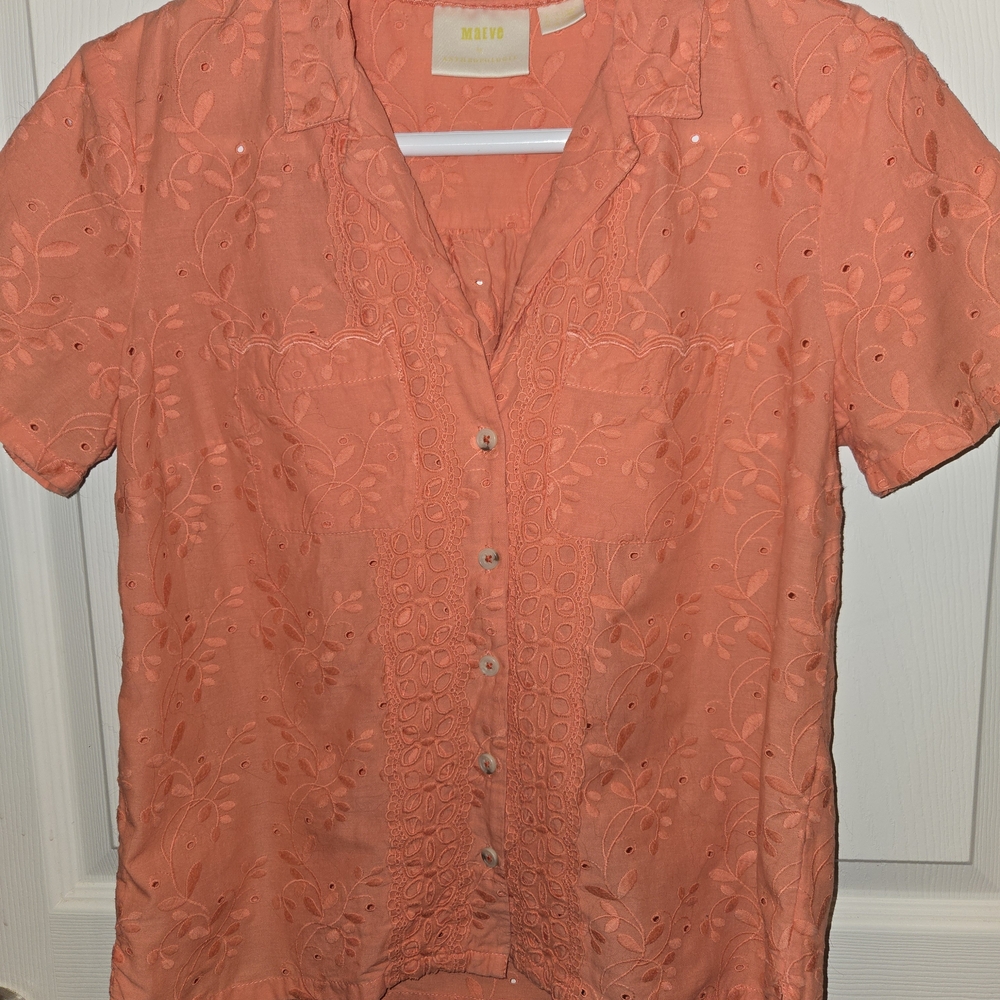 Anthropologie Peach Embroidered Button Down Shirt